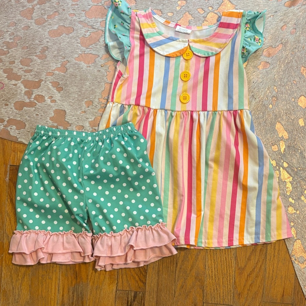 Colorful Striped Dress and Mint Polka Dot Shorts Set
